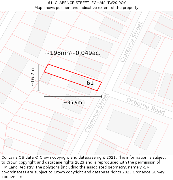 61, CLARENCE STREET, EGHAM, TW20 9QY: Plot and title map