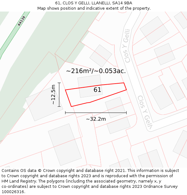 61, CLOS Y GELLI, LLANELLI, SA14 9BA: Plot and title map