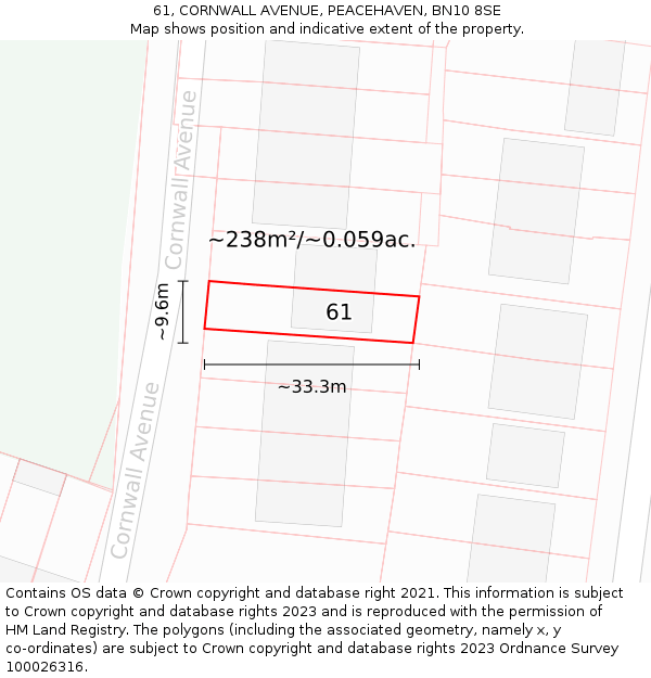 61, CORNWALL AVENUE, PEACEHAVEN, BN10 8SE: Plot and title map