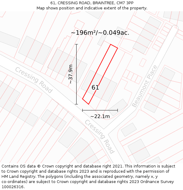 61, CRESSING ROAD, BRAINTREE, CM7 3PP: Plot and title map