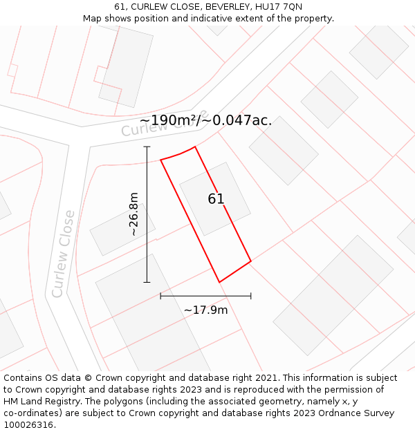 61, CURLEW CLOSE, BEVERLEY, HU17 7QN: Plot and title map