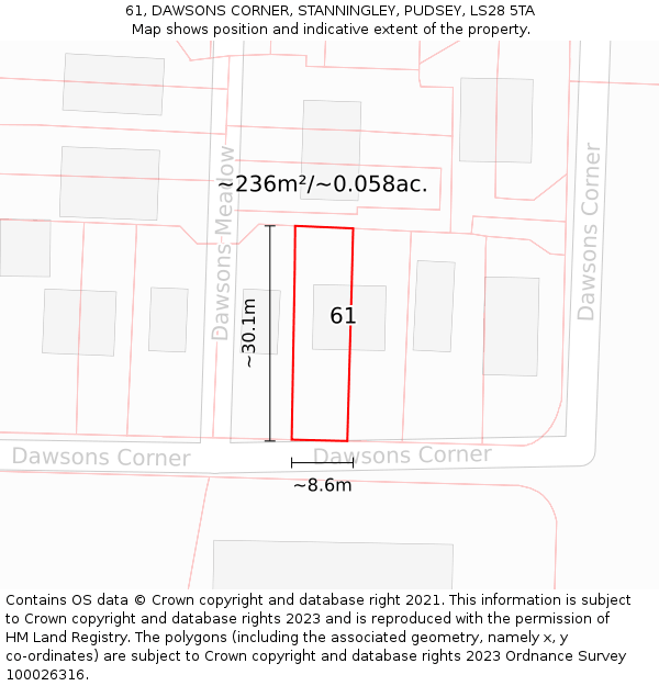 61, DAWSONS CORNER, STANNINGLEY, PUDSEY, LS28 5TA: Plot and title map