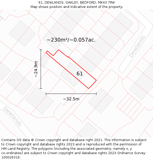 61, DEWLANDS, OAKLEY, BEDFORD, MK43 7RW: Plot and title map