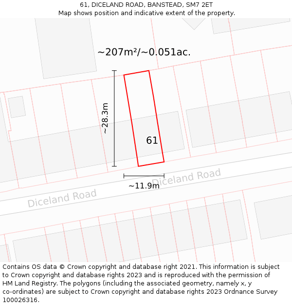 61, DICELAND ROAD, BANSTEAD, SM7 2ET: Plot and title map