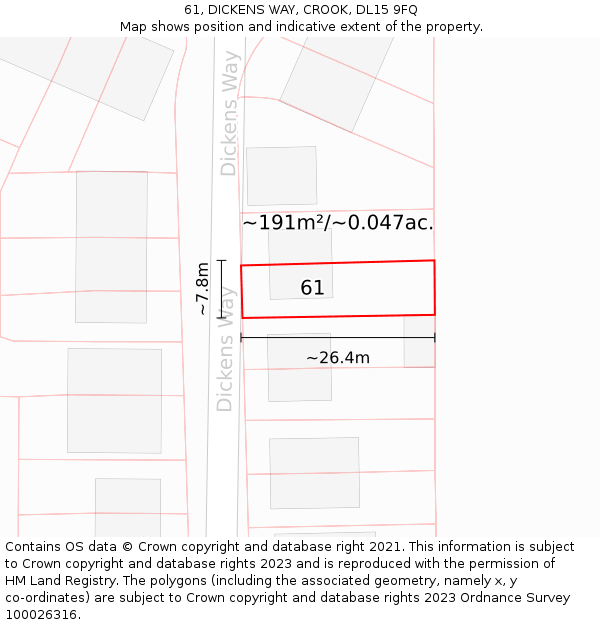 61, DICKENS WAY, CROOK, DL15 9FQ: Plot and title map