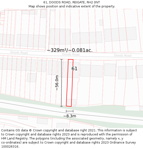 61, DOODS ROAD, REIGATE, RH2 0NT: Plot and title map