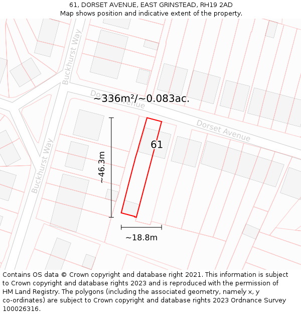 61, DORSET AVENUE, EAST GRINSTEAD, RH19 2AD: Plot and title map