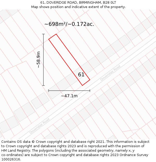 61, DOVERIDGE ROAD, BIRMINGHAM, B28 0LT: Plot and title map