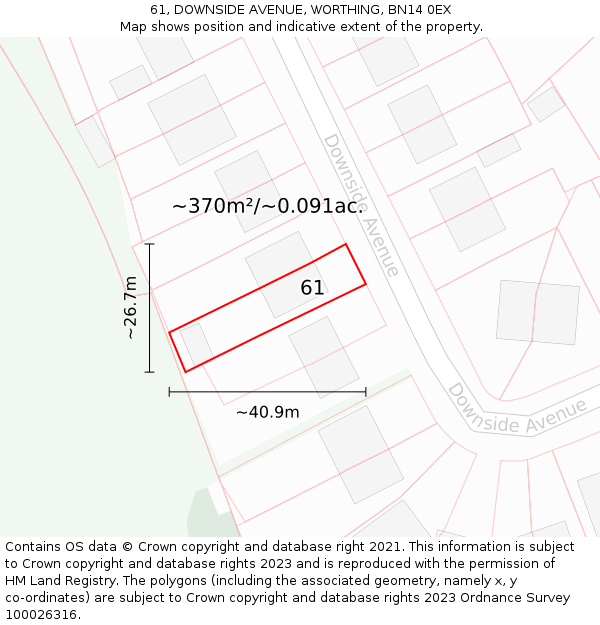 61, DOWNSIDE AVENUE, WORTHING, BN14 0EX: Plot and title map