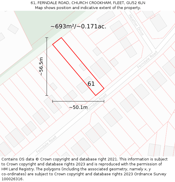 61, FERNDALE ROAD, CHURCH CROOKHAM, FLEET, GU52 6LN: Plot and title map