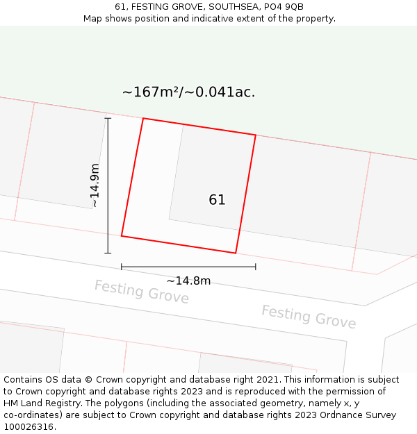 61, FESTING GROVE, SOUTHSEA, PO4 9QB: Plot and title map