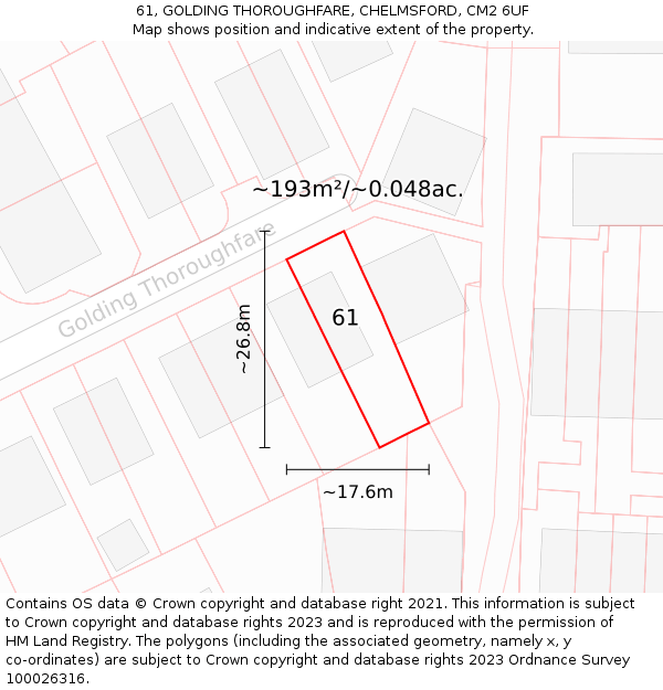 61, GOLDING THOROUGHFARE, CHELMSFORD, CM2 6UF: Plot and title map