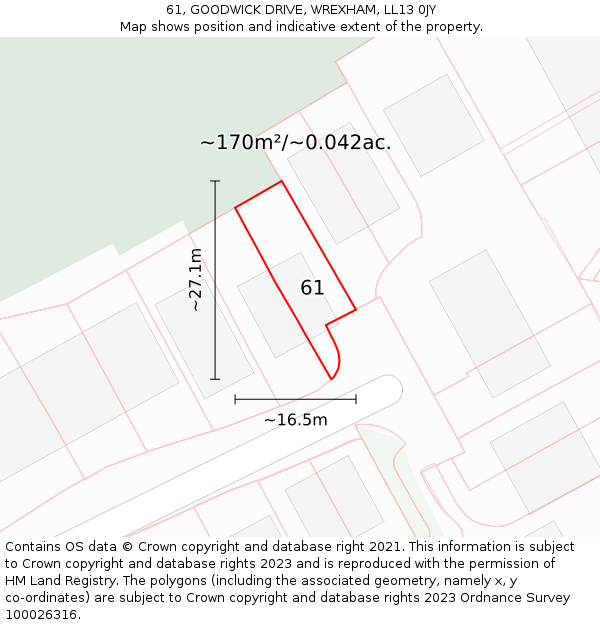 61, GOODWICK DRIVE, WREXHAM, LL13 0JY: Plot and title map