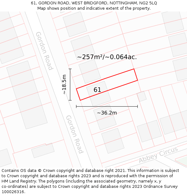 61, GORDON ROAD, WEST BRIDGFORD, NOTTINGHAM, NG2 5LQ: Plot and title map