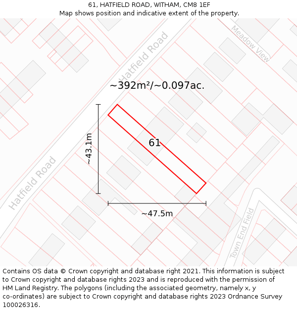 61, HATFIELD ROAD, WITHAM, CM8 1EF: Plot and title map