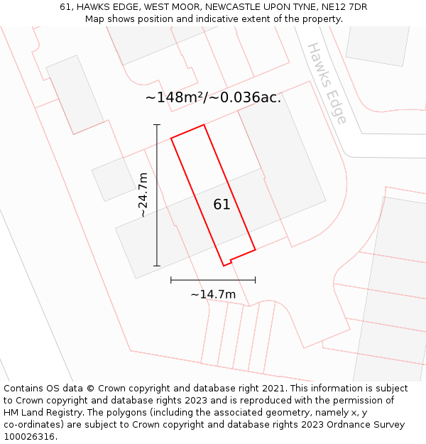 61, HAWKS EDGE, WEST MOOR, NEWCASTLE UPON TYNE, NE12 7DR: Plot and title map