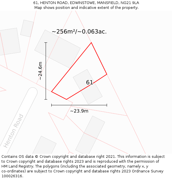 61, HENTON ROAD, EDWINSTOWE, MANSFIELD, NG21 9LA: Plot and title map