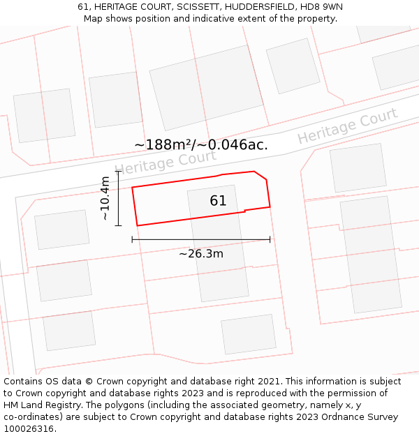 61, HERITAGE COURT, SCISSETT, HUDDERSFIELD, HD8 9WN: Plot and title map