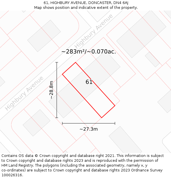 61, HIGHBURY AVENUE, DONCASTER, DN4 6AJ: Plot and title map