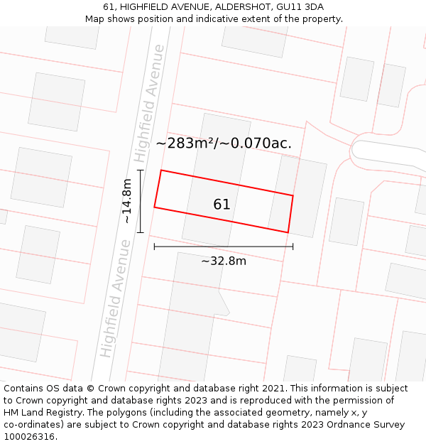 61, HIGHFIELD AVENUE, ALDERSHOT, GU11 3DA: Plot and title map