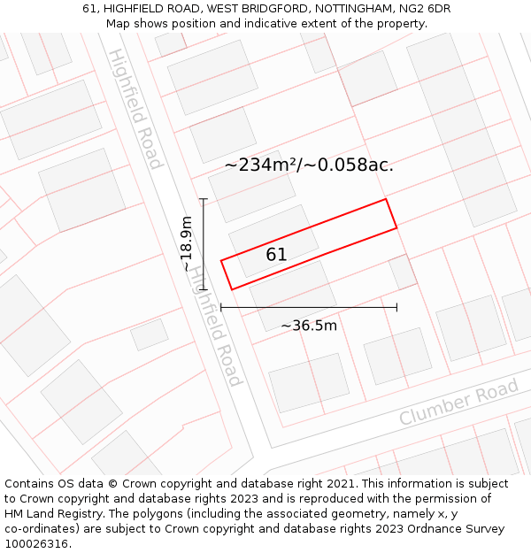 61, HIGHFIELD ROAD, WEST BRIDGFORD, NOTTINGHAM, NG2 6DR: Plot and title map