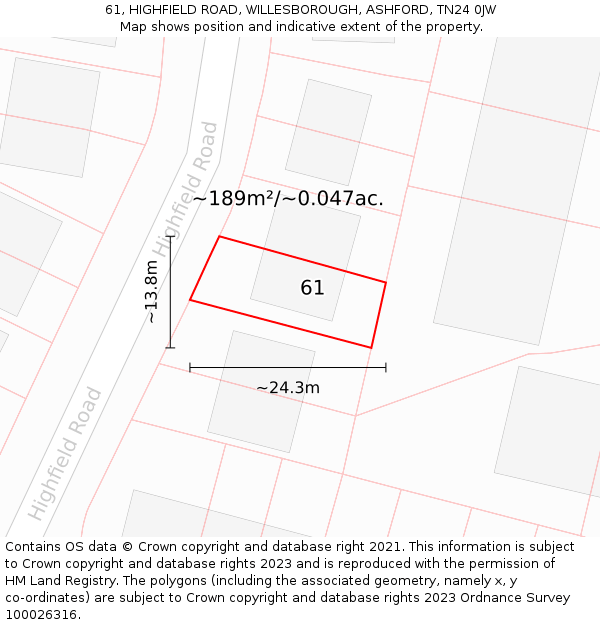 61, HIGHFIELD ROAD, WILLESBOROUGH, ASHFORD, TN24 0JW: Plot and title map