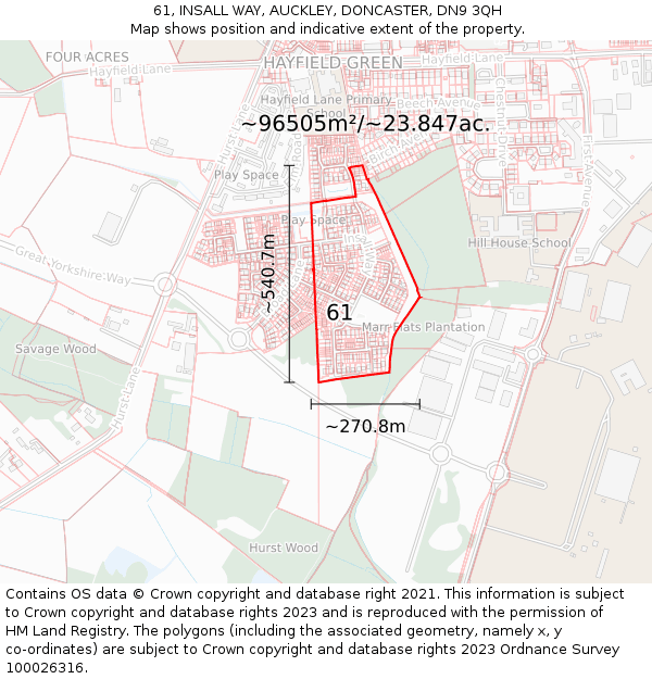 61, INSALL WAY, AUCKLEY, DONCASTER, DN9 3QH: Plot and title map