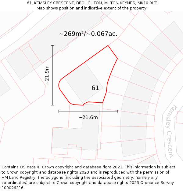 61, KEMSLEY CRESCENT, BROUGHTON, MILTON KEYNES, MK10 9LZ: Plot and title map