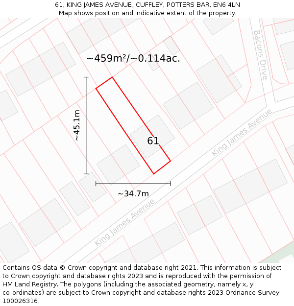 61, KING JAMES AVENUE, CUFFLEY, POTTERS BAR, EN6 4LN: Plot and title map