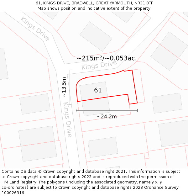 61, KINGS DRIVE, BRADWELL, GREAT YARMOUTH, NR31 8TF: Plot and title map