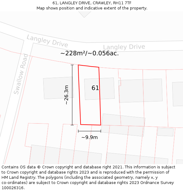 61, LANGLEY DRIVE, CRAWLEY, RH11 7TF: Plot and title map