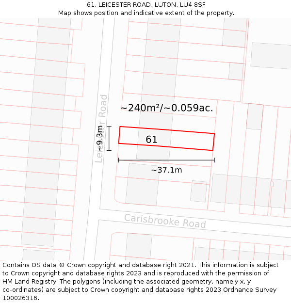 61, LEICESTER ROAD, LUTON, LU4 8SF: Plot and title map