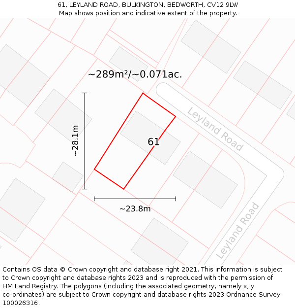 61, LEYLAND ROAD, BULKINGTON, BEDWORTH, CV12 9LW: Plot and title map