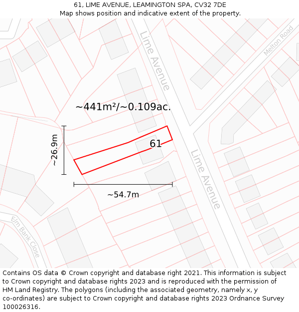 61, LIME AVENUE, LEAMINGTON SPA, CV32 7DE: Plot and title map