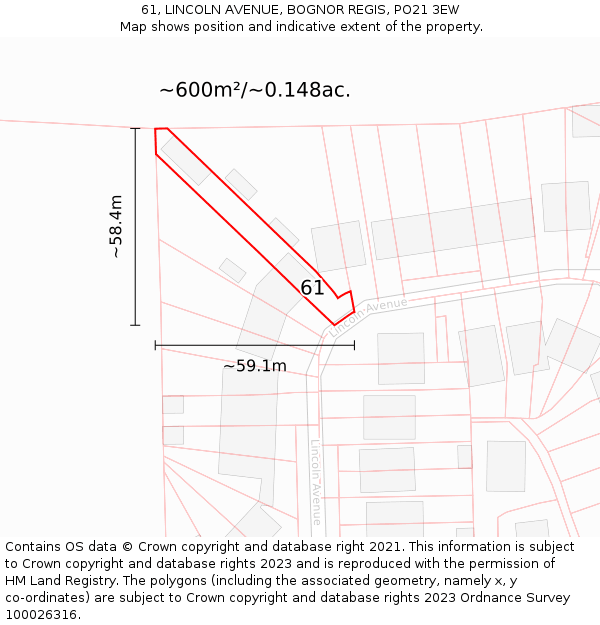 61, LINCOLN AVENUE, BOGNOR REGIS, PO21 3EW: Plot and title map