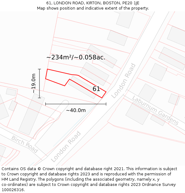 61, LONDON ROAD, KIRTON, BOSTON, PE20 1JE: Plot and title map