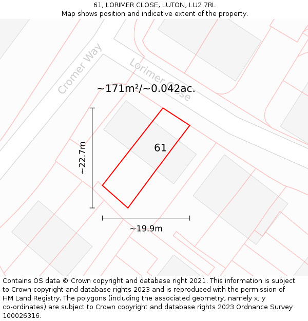 61, LORIMER CLOSE, LUTON, LU2 7RL: Plot and title map