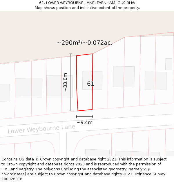 61, LOWER WEYBOURNE LANE, FARNHAM, GU9 9HW: Plot and title map