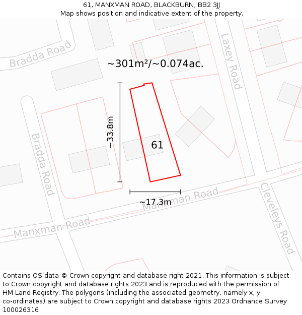 61, MANXMAN ROAD, BLACKBURN, BB2 3JJ: Plot and title map