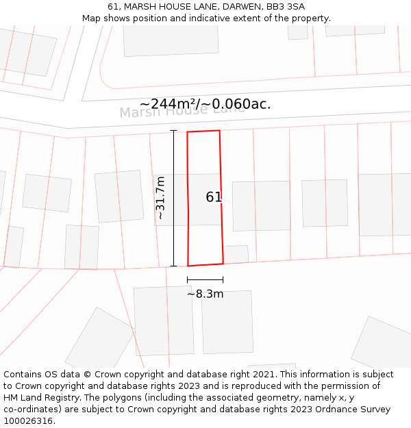 61, MARSH HOUSE LANE, DARWEN, BB3 3SA: Plot and title map