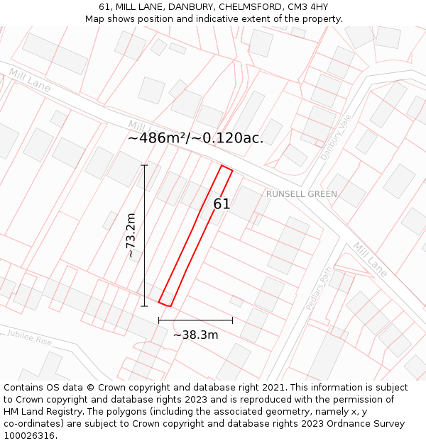 61, MILL LANE, DANBURY, CHELMSFORD, CM3 4HY: Plot and title map