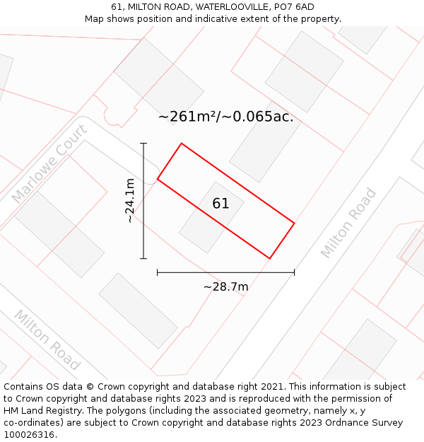 61, MILTON ROAD, WATERLOOVILLE, PO7 6AD: Plot and title map