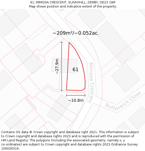 61, MIMOSA CRESCENT, SUNNYHILL, DERBY, DE23 1WP: Plot and title map