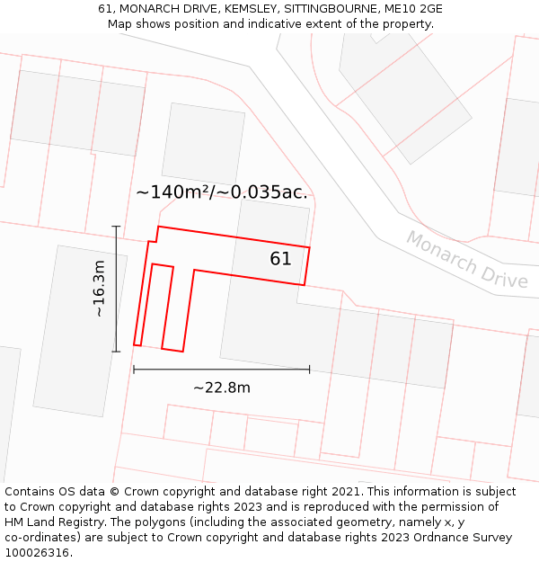 61, MONARCH DRIVE, KEMSLEY, SITTINGBOURNE, ME10 2GE: Plot and title map