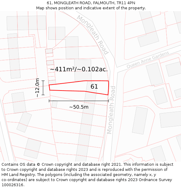 61, MONGLEATH ROAD, FALMOUTH, TR11 4PN: Plot and title map