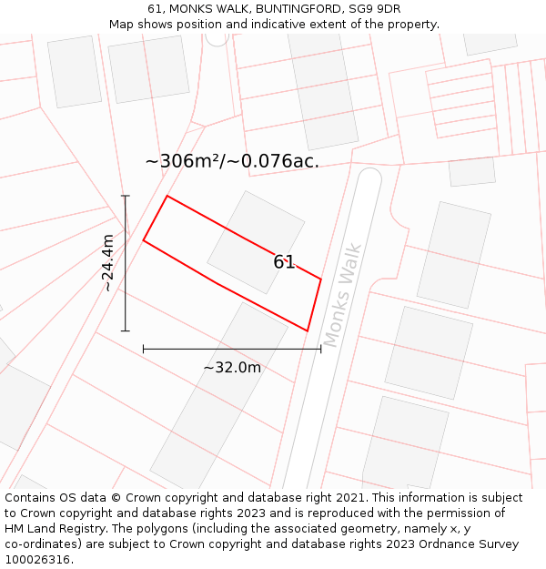 61, MONKS WALK, BUNTINGFORD, SG9 9DR: Plot and title map