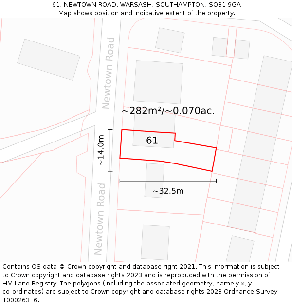 61, NEWTOWN ROAD, WARSASH, SOUTHAMPTON, SO31 9GA: Plot and title map