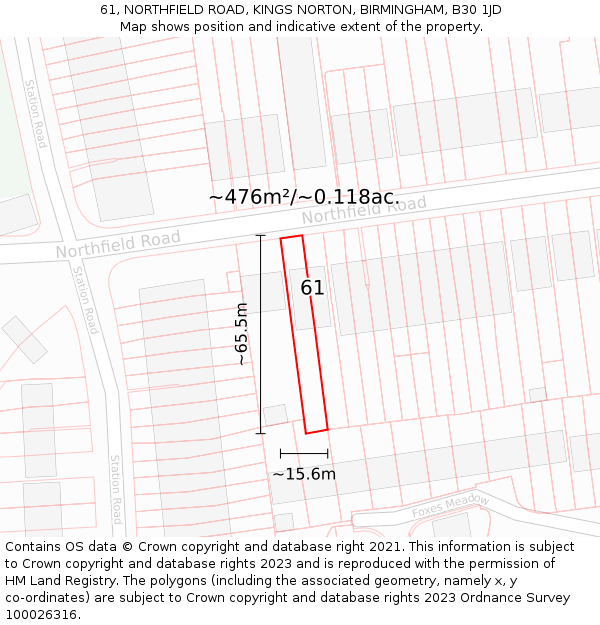 61, NORTHFIELD ROAD, KINGS NORTON, BIRMINGHAM, B30 1JD: Plot and title map