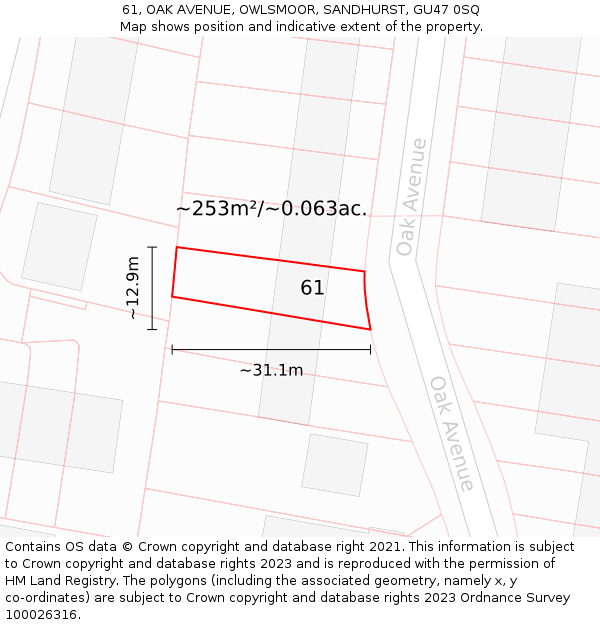 61, OAK AVENUE, OWLSMOOR, SANDHURST, GU47 0SQ: Plot and title map