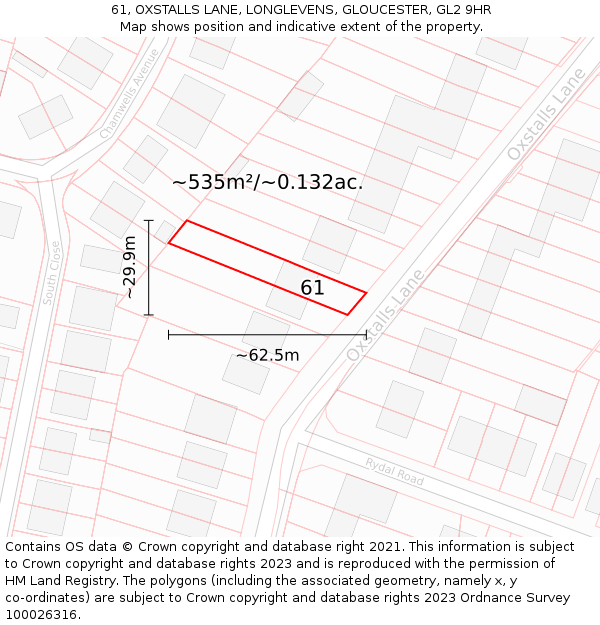 61, OXSTALLS LANE, LONGLEVENS, GLOUCESTER, GL2 9HR: Plot and title map